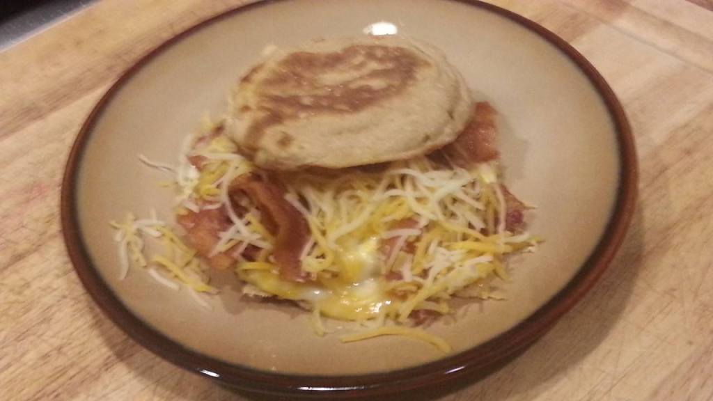 Eddie Stephens' special, fresh fried egg, ham, cheese on a toasted English muffin.