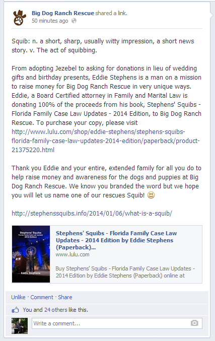 Bid Dog Ranch Rescue Facebook Announcement re: Eddie Stephens - Stephens' Squibs